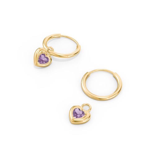 Small Hoops with Removable Puffy Heart Birthstone Charms – with Amethyst