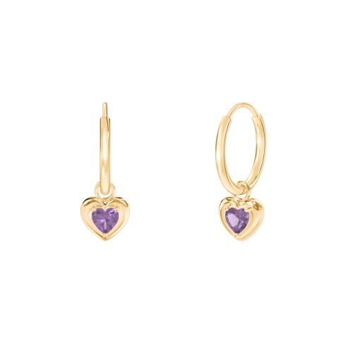 Small Hoops with Removable Puffy Heart Birthstone Charms – with Amethyst