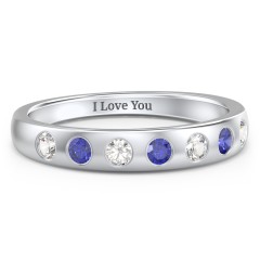 Flush Set Gemstone Belt Ring – Sterling Silver with Cubic Zirconia and Blue Sapphire