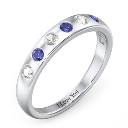 Flush Set Gemstone Belt Ring – Sterling Silver with Cubic Zirconia and Blue Sapphire