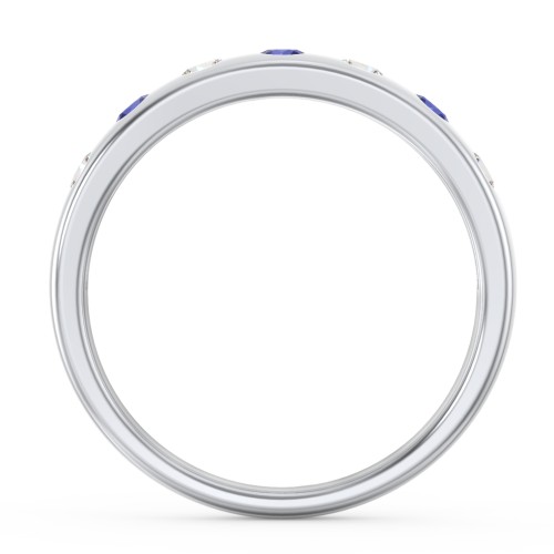 Flush Set Gemstone Belt Ring – Sterling Silver with Cubic Zirconia and Blue Sapphire