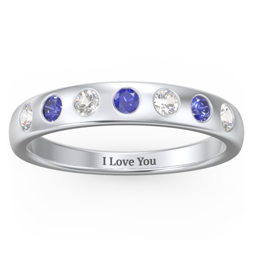 Flush Set Gemstone Belt Ring – Sterling Silver with Cubic Zirconia and Blue Sapphire