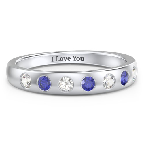 Flush Set Gemstone Belt Ring – Sterling Silver with Cubic Zirconia and Blue Sapphire