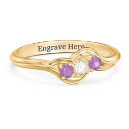 Three Stone Wave Ring in 14K Solid Yellow Gold with Amethyst and Cubic Zirconia