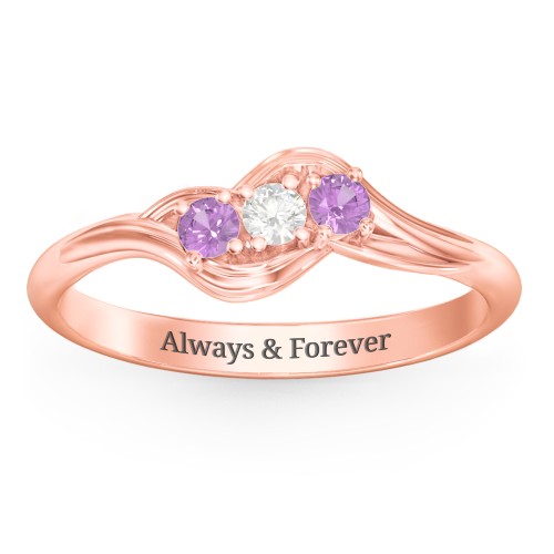 Three Stone Wave Ring – 10K Rose Gold with Amethyst and Cubic Zirconia