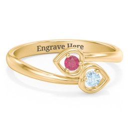 Double Heart Bypass Ring in 14K Solid Yellow Gold with Ruby and Blue Topaz