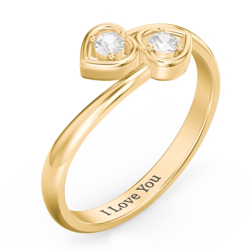 Double Heart Bypass Ring – 10K Yellow Gold with Cubic Zirconia