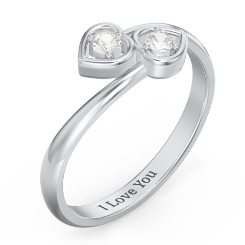 Double Heart Bypass Ring – Sterling Silver with Cubic Zirconia