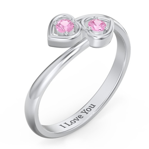 Double Heart Bypass Ring – Sterling Silver with Pink Sapphire