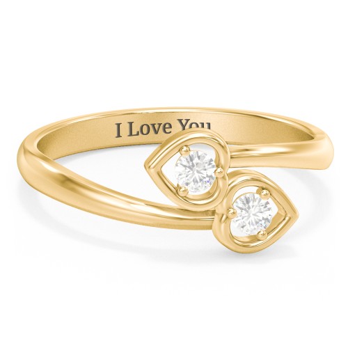 Double Heart Bypass Ring – 10K Yellow Gold with Cubic Zirconia