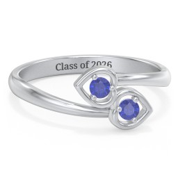 Double Heart Bypass Ring in 925 Sterling Silver with Blue Sapphire