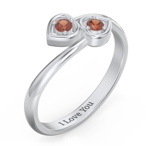 Double Heart Bypass Ring – Sterling Silver with Garnet