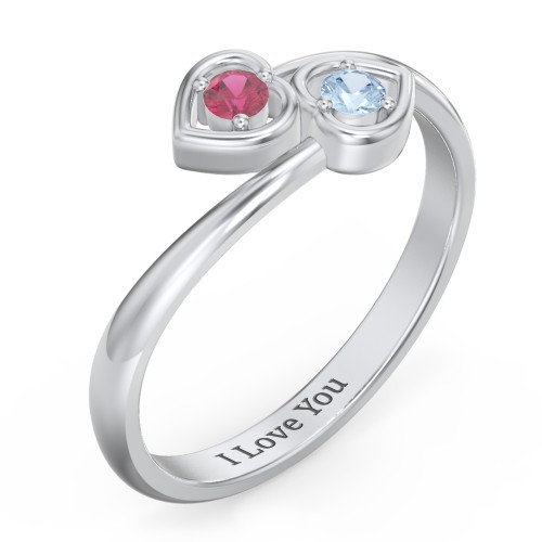 Double Heart Bypass Ring – Sterling Silver with Ruby and Blue Topaz