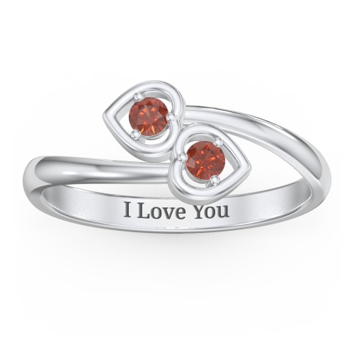 Double Heart Bypass Ring – Sterling Silver with Garnet