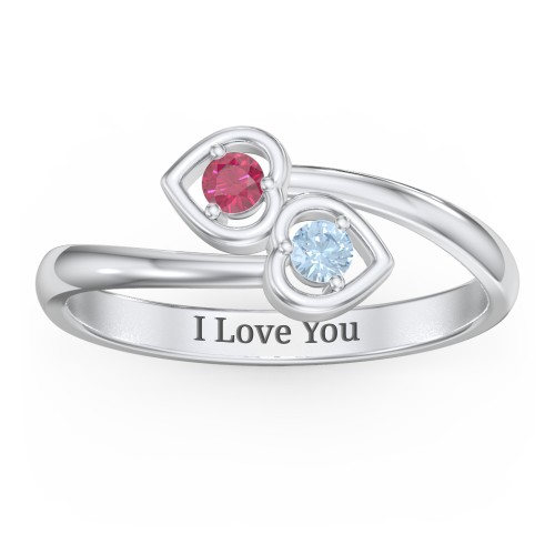 Double Heart Bypass Ring – Sterling Silver with Ruby and Blue Topaz