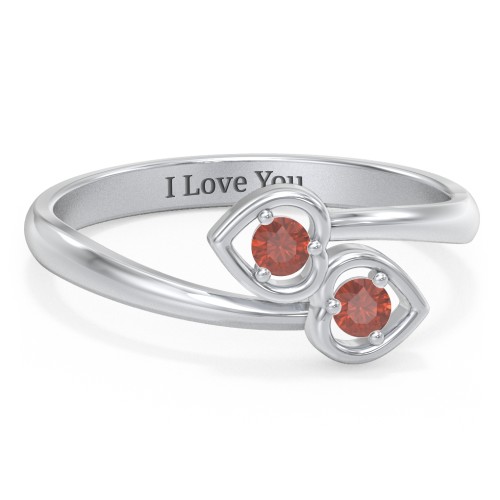 Double Heart Bypass Ring – Sterling Silver with Garnet