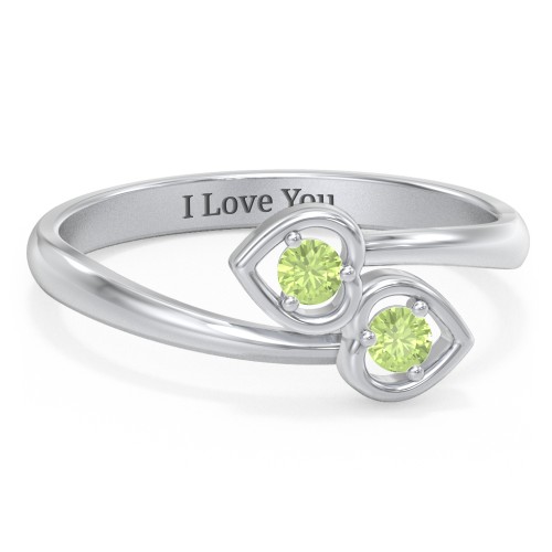 Double Heart Bypass Ring – Sterling Silver with Peridot
