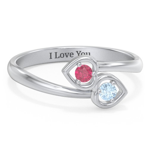 Double Heart Bypass Ring – Sterling Silver with Ruby and Blue Topaz