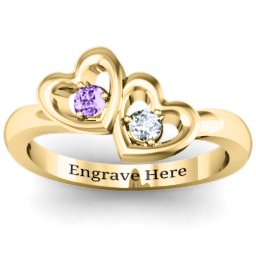 Twin Hearts Ring in 14K Solid Yellow Gold with Amethyst and Cubic Zirconia