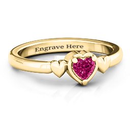 Triple Heart Ring in 14K Solid Yellow Gold with Ruby