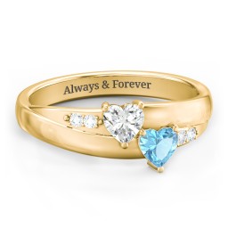 Double Heart Gemstone Ring with Accents in 18K Gold Plated Silver with Cubic Zirconia and Blue Topaz