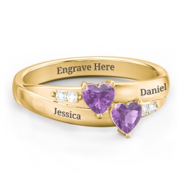 Double Heart Gemstone Ring with Accents in 18K Gold Plated Silver with Amethyst