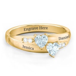 Double Heart Gemstone Ring with Accents in 18K Gold Plated Silver with Aquamarine