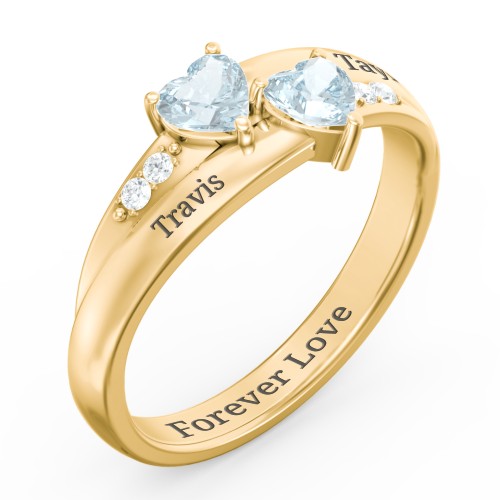 Double Heart Gemstone Ring with Accents – 18K Gold Plated Silver with Aquamarine and Cubic Zirconia
