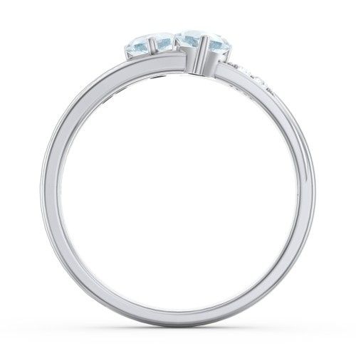 Double Heart Gemstone Ring with Accents – Sterling Silver with Aquamarine and Cubic Zirconia