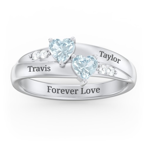 Double Heart Gemstone Ring with Accents – Sterling Silver with Aquamarine and Cubic Zirconia