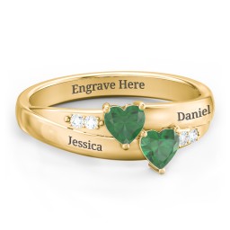 Double Heart Gemstone Ring with Accents in 18K Gold Plated Silver with Emerald