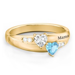 Double Heart Gemstone Ring with Accents in 18K Gold Plated Silver with Cubic Zirconia and Blue Topaz
