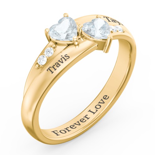 Double Heart Gemstone Ring with Accents – 18K Gold Plated Silver with Aquamarine and Cubic Zirconia