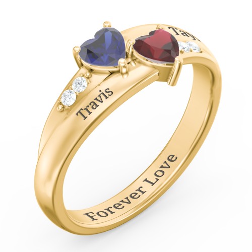 Double Heart Gemstone Ring with Accents – 18K Gold Plated Silver with Blue Sapphire, Garnet, and Cubic Zirconia