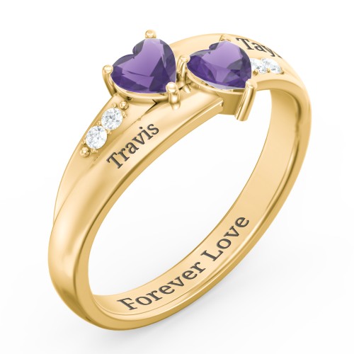 Double Heart Gemstone Ring with Accents – 18K Gold Plated Silver with Amethyst and Cubic Zirconia