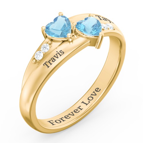 Double Heart Gemstone Ring with Accents – 18K Gold Plated Silver with Blue Topaz and Cubic Zirconia