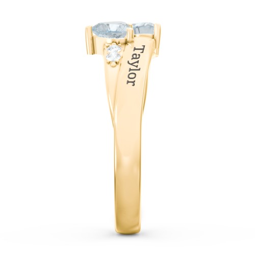 Double Heart Gemstone Ring with Accents – 18K Gold Plated Silver with Aquamarine and Cubic Zirconia