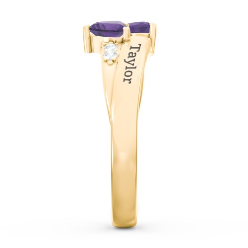 Double Heart Gemstone Ring with Accents – 18K Gold Plated Silver with Amethyst and Cubic Zirconia