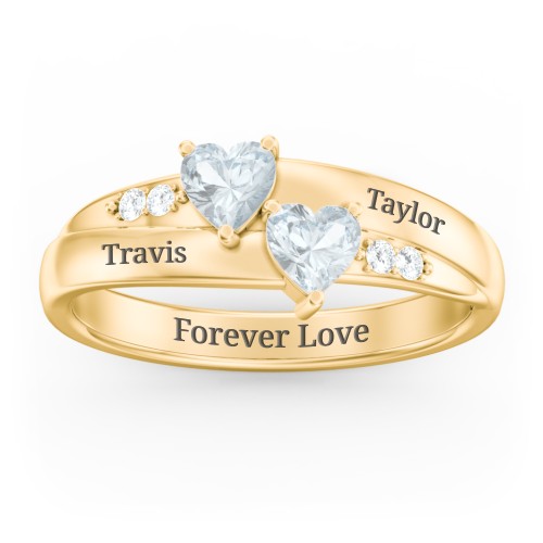 Double Heart Gemstone Ring with Accents – 18K Gold Plated Silver with Aquamarine and Cubic Zirconia