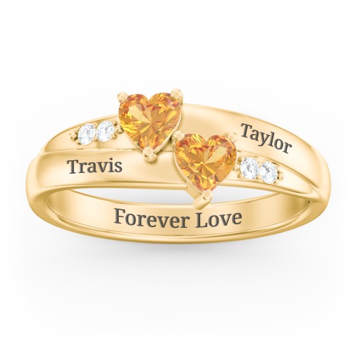 Double Heart Gemstone Ring with Accents – 18K Gold Plated Silver with Citrine and Cubic Zirconia