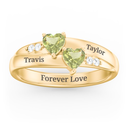 Double Heart Gemstone Ring with Accents – 18K Gold Plated Silver with Peridot and Cubic Zirconia