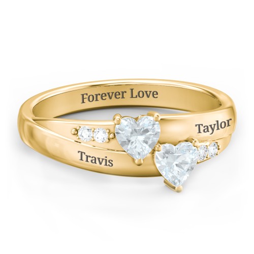 Double Heart Gemstone Ring with Accents – 18K Gold Plated Silver with Aquamarine and Cubic Zirconia
