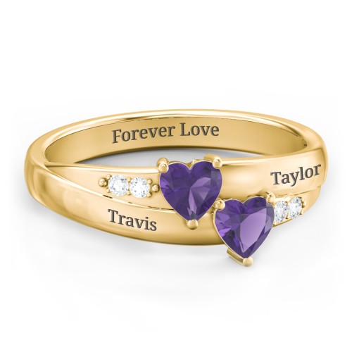 Double Heart Gemstone Ring with Accents – 18K Gold Plated Silver with Amethyst and Cubic Zirconia