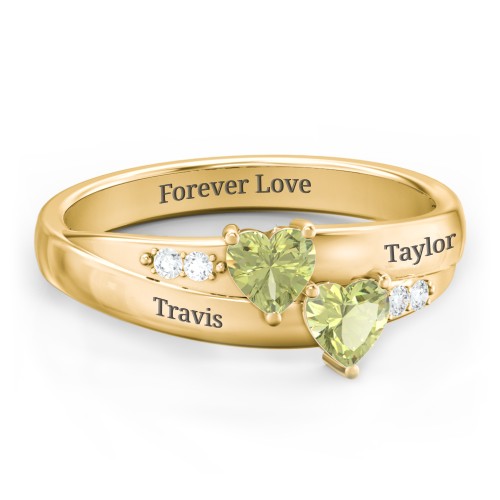 Double Heart Gemstone Ring with Accents – 18K Gold Plated Silver with Peridot and Cubic Zirconia