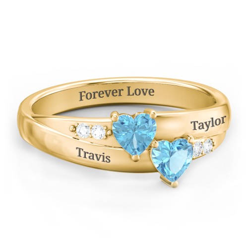 Double Heart Gemstone Ring with Accents – 18K Gold Plated Silver with Blue Topaz and Cubic Zirconia