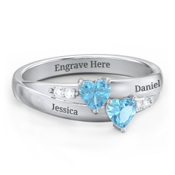 Double Heart Gemstone Ring with Accents in 925 Sterling Silver with Diamond and Blue Topaz