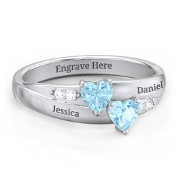 Double Heart Gemstone Ring with Accents in 925 Sterling Silver with Blue Topaz