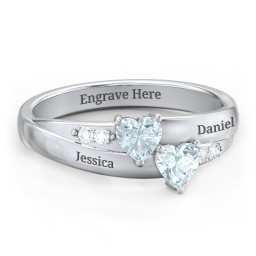 Double Heart Gemstone Ring with Accents in 925 Sterling Silver with Aquamarine
