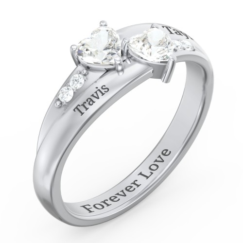 Double Heart Gemstone Ring with Accents – Sterling Silver with Cubic Zirconia