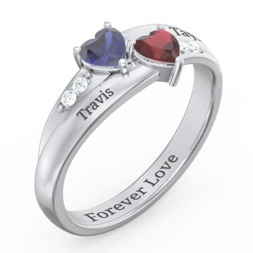 Double Heart Gemstone Ring with Accents – Sterling Silver with Blue Sapphire, Garnet, and Cubic Zirconia